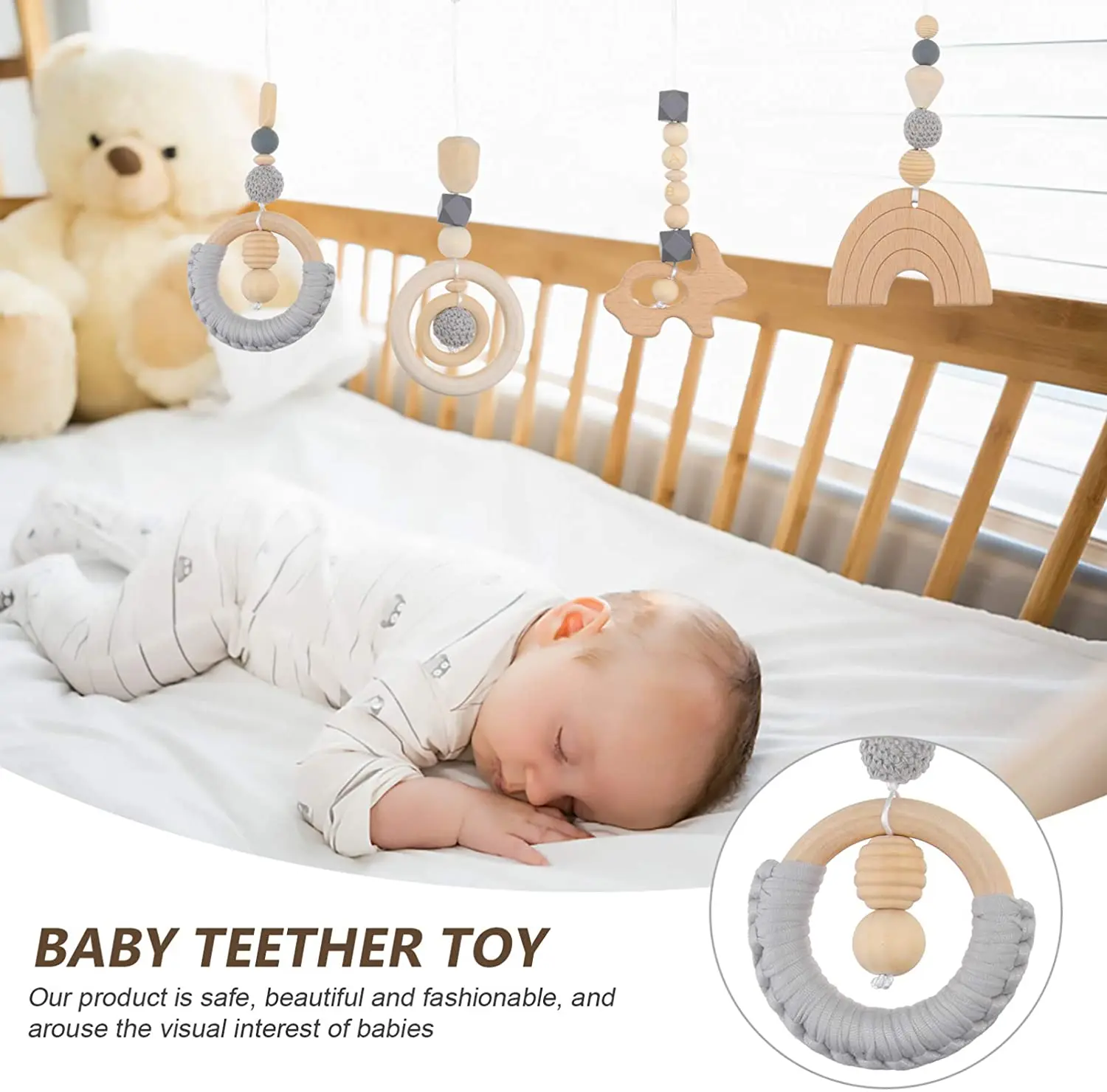 Winning New Woolen Beads Baby Room Decoration Pendant Beech Wood Teether Wooden Ring Baby Toy Set