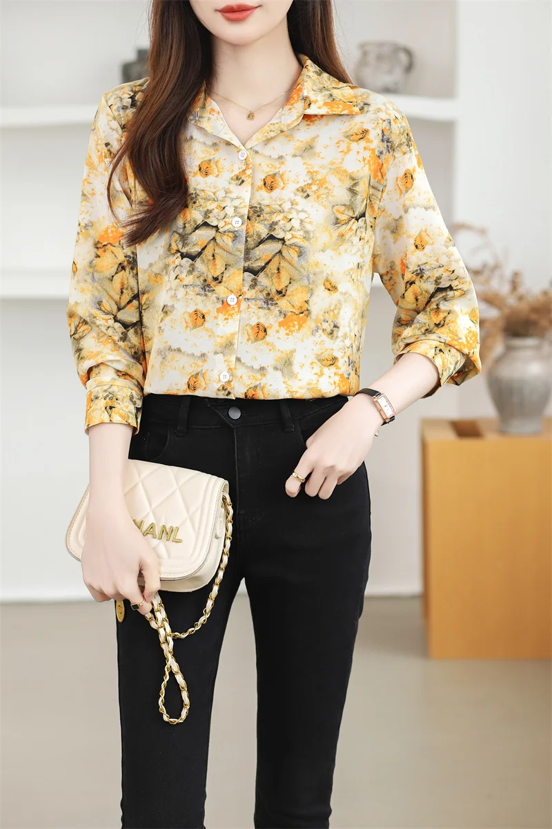 New Yellow Floral Printed Chiffon Ladies Shirts Long Sleeve Top Loose Blouse Femme