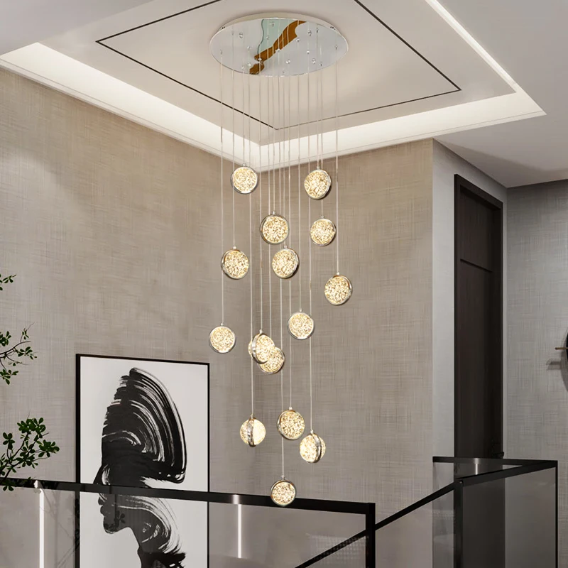 Modern Duplex spiral staircase long light luxury crystal ball Stainless steel chandelier loft apartment chandelier