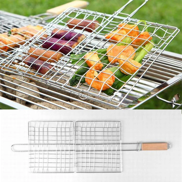 
outdoor grill fish barbecue tools Stainless steel wooden handle square grill net 