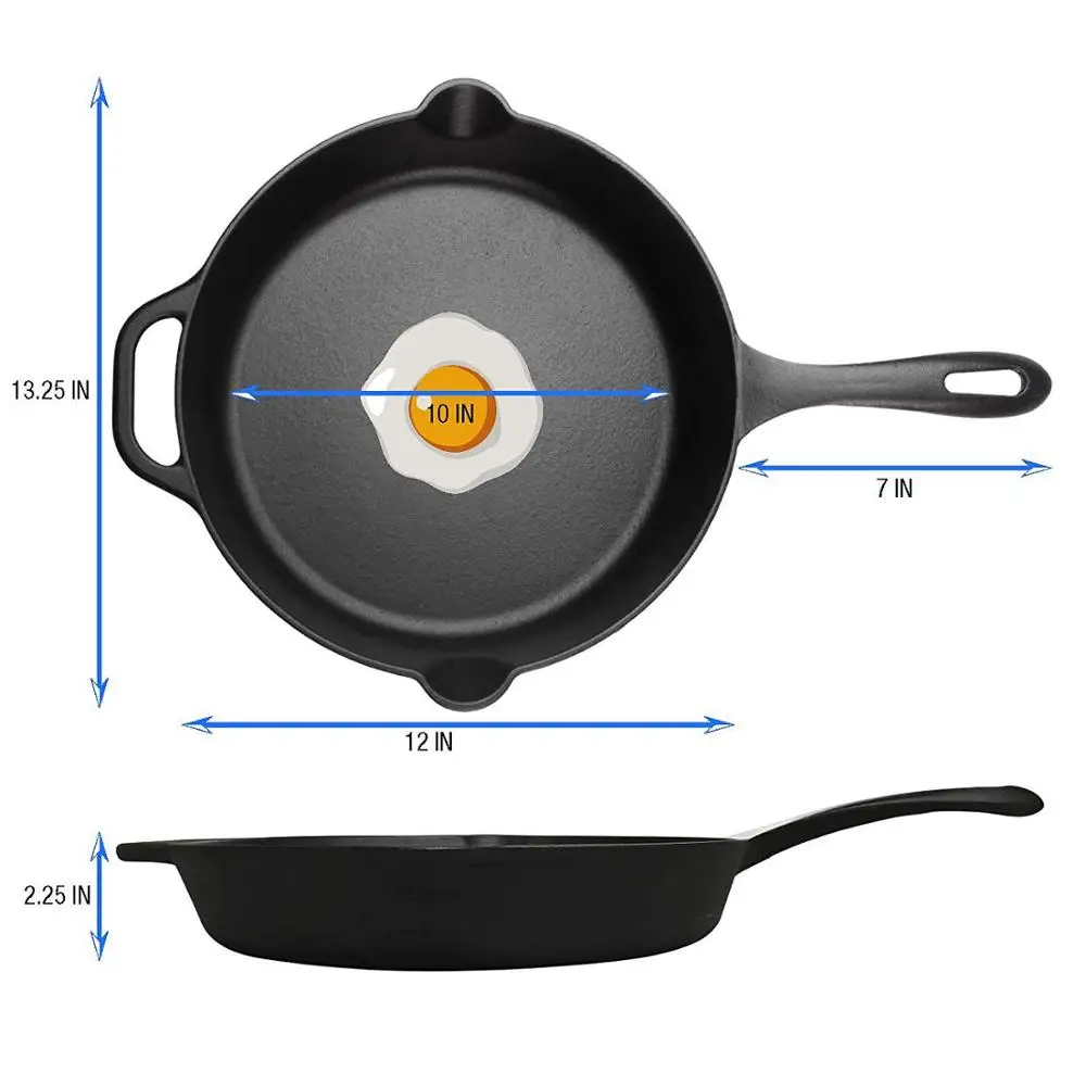 12 Inches  Cast Iron Skillet. Large Frying Pan with Helper Handle