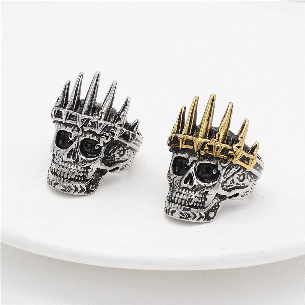 New retro punk gothic stainless steel crown skull ring for men