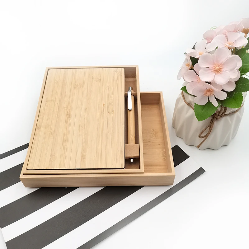 Eco Friendly Bamboo Box Notebook With Pen Set Bamboo Cover Stationery Set Environmentally Friendly Material Custom Wholesale