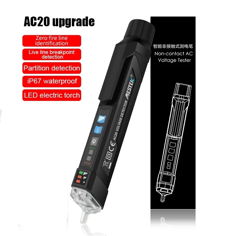 Non-contact Voltage Detector AC Alarm Meter Tester IP67 12V~1000V or 48V~1000V AC20 Digital Test Pencil