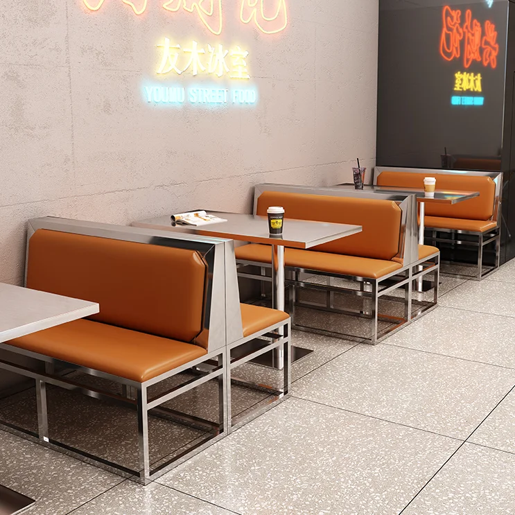stainless steel chrome food court restaurant folding dining chair and PU leather booth sofa set for cafe bistro furniture