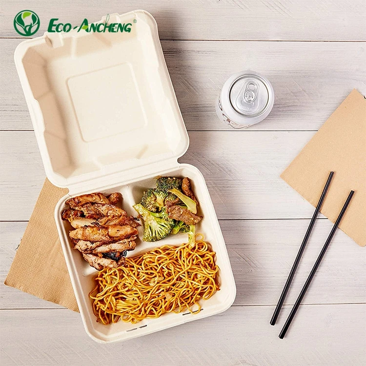 Green and Eco-friendly Compostable Sugarcane Bagasse Clamshell Box Takeaway Disposable Sugarcane Bagasse Food Container