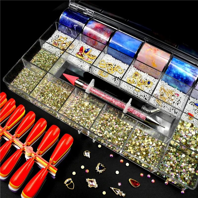 Wholesale Crystal Nails Various Alloy Charms Transfer Foil Decoration AB Flat Back Non Hot Fix Glass Rhinestones Nail Art