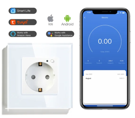 WiFi Smart Plug EU Wall Socket Power Monitor Timing Function Smart Life Tuya App Remote Control Glass Panel Blue Backlight