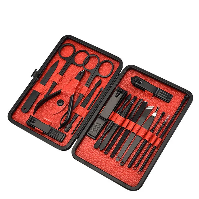 Manicure Set 18 in 1 Stainless Steel Professional Pedicure Kit Nail Scissors Grooming With Black Red Leather Travel