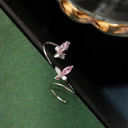 Hot selling sweet ladies jewelry spiral 925 sterling silver hoop pink zircon butterfly earrings