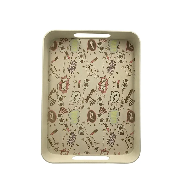 Decal double handle bio bamboo fiber food serving tray