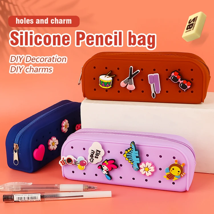 Custom Logo Croc Hole Silicone pencil case school stationery kids creative DIY pen bag multifunction storage pouch