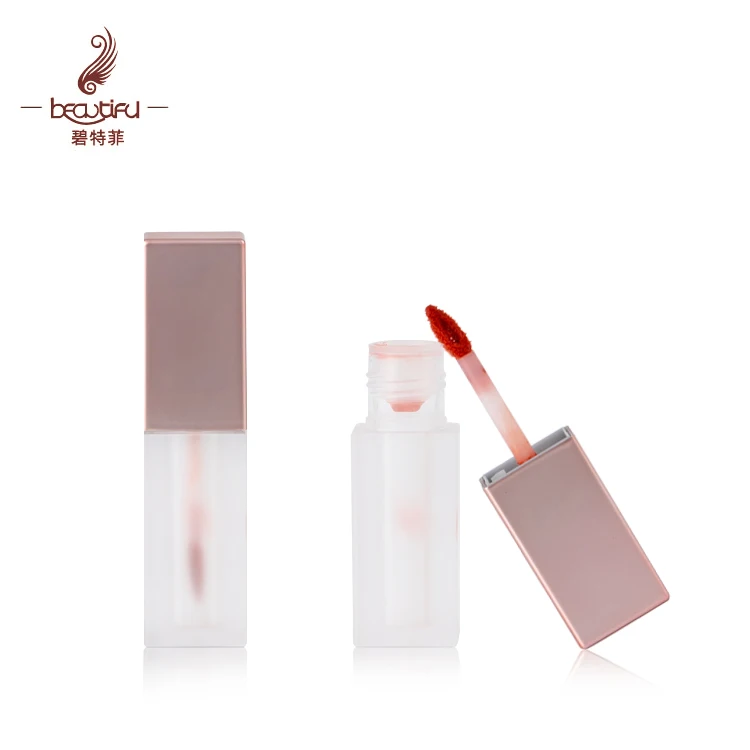 Empty 2.5ml plastic square lip gloss/liquid lipstick tubes with metallic pink lid + frosted transparent bottle with heart brush
