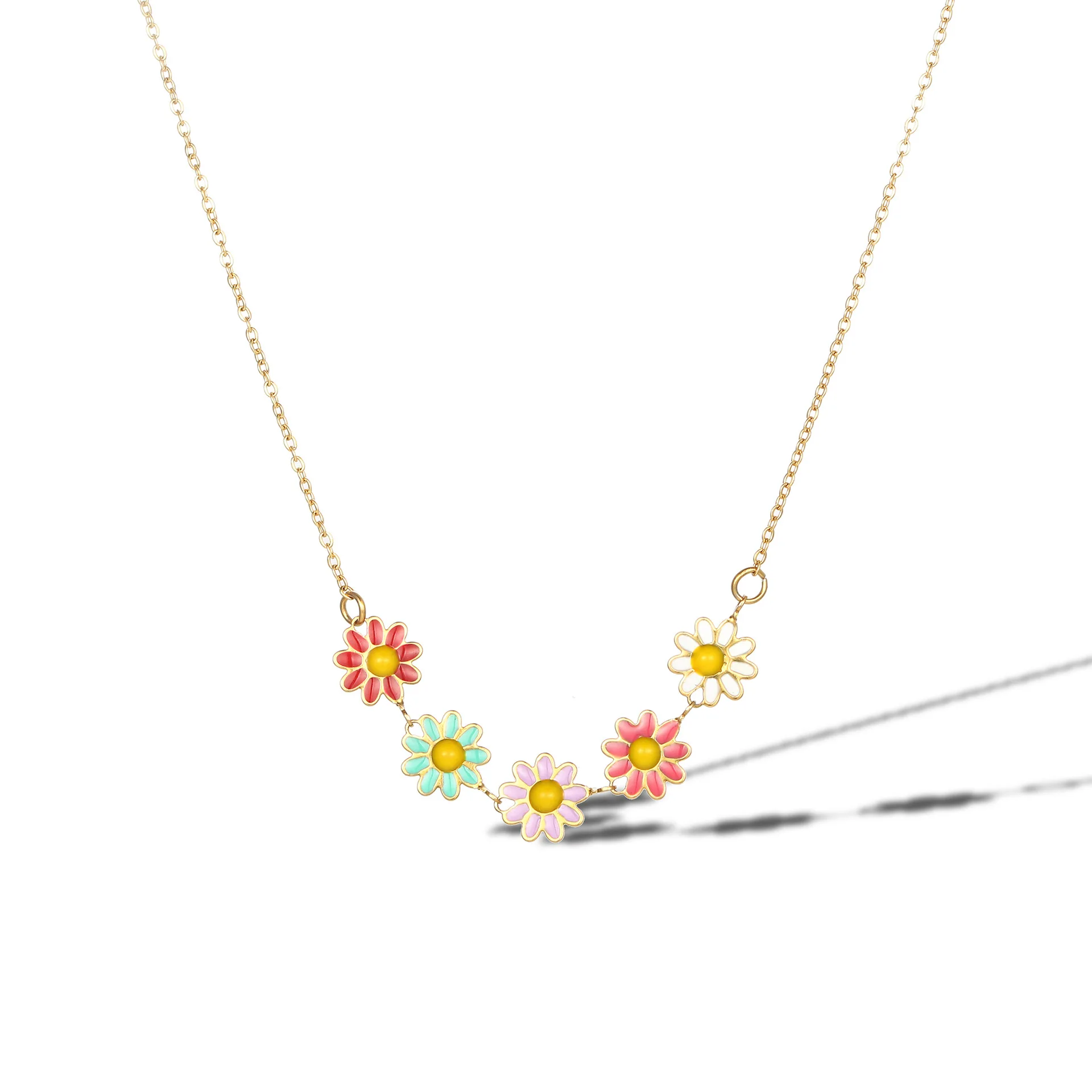 Simple Bohemian Colorful Oil Dropping Daisy Necklace Sunflower Versatile Charming Flower Necklace For Women
