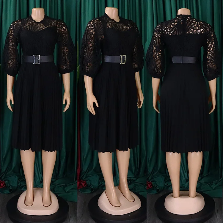 Summer Large Size Women Sexy Hollow Pleated High Waist Dress Elegant Gold Shoulder Evening Wedding Outfit Lace Party Dresses