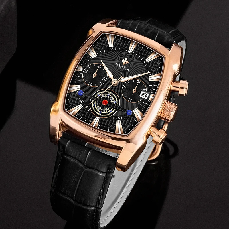 Brand WWOOR 8843 Watches Mens Wrist Luminous Hands Luxury Quartz Watches Fashion Square Leather Band Clock Waterproof Sports