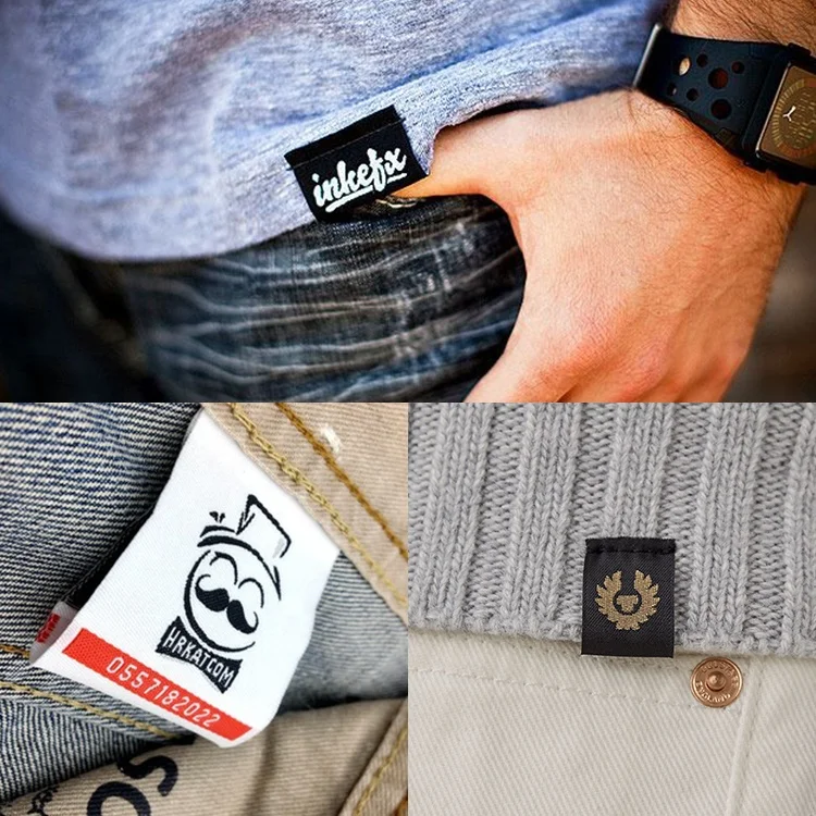 Custom Brand Name Logo Center Fold  Fabric Tags Machine Beanie Damask Woven Labels for Clothes