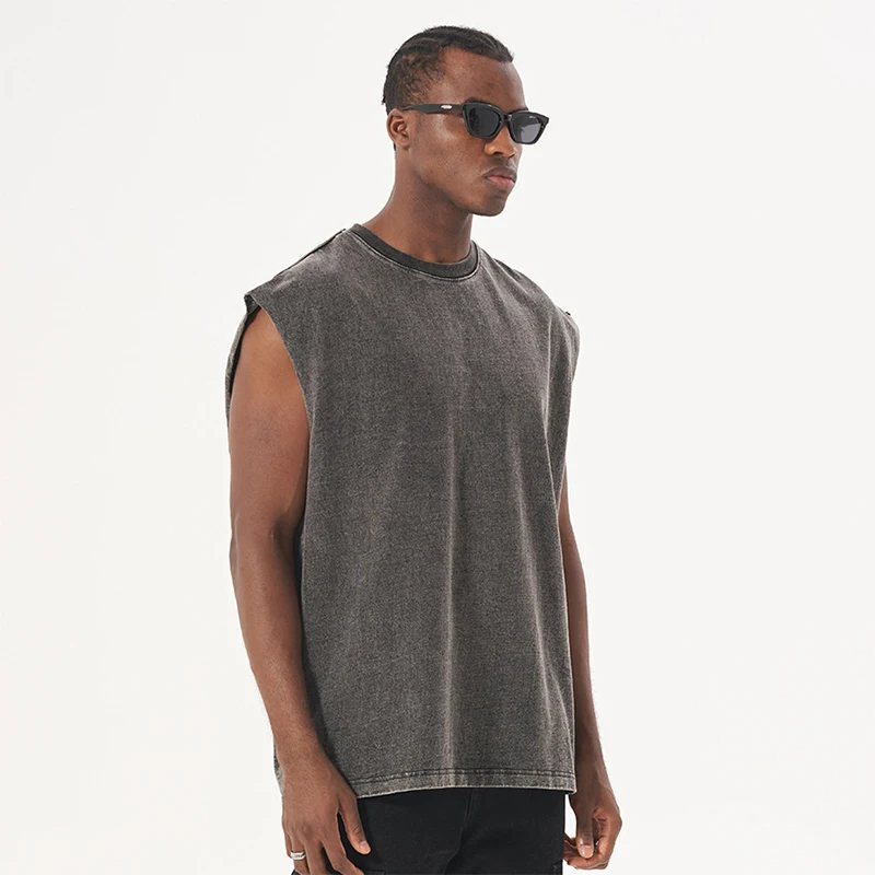 new style acid washed sleeveless cotton t-shirt for men retro washed cut raw edge oversized summer tank top