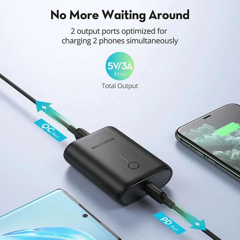 Ravpower electronics cheap price RP-PB194 10000mah powerbank PD+QC 2-Port 18W portable mini carry fast charging power bank