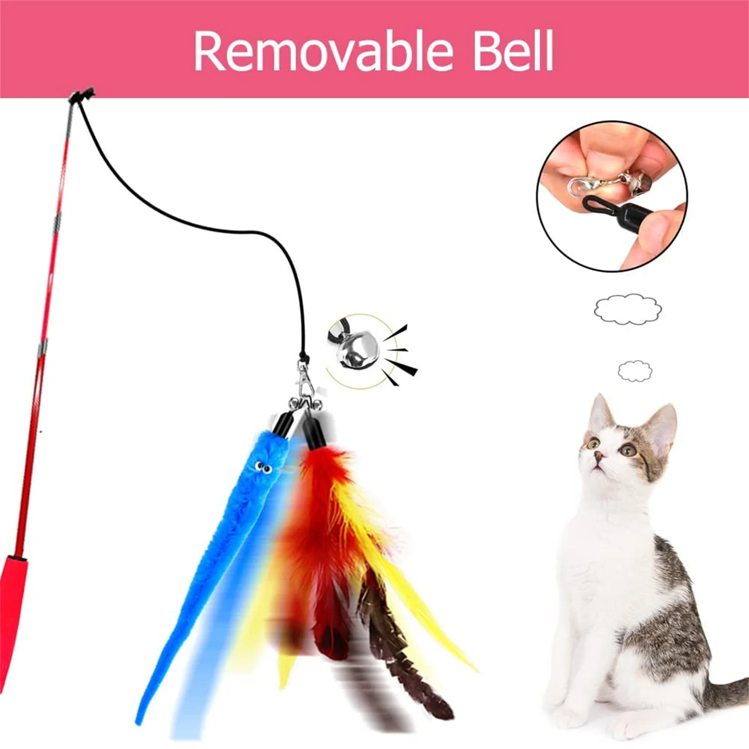 New Design Pet Interactive Colorful Custom Size Retractable Long Kitty Fun Toy Cat Feather Fishing Worm Rod