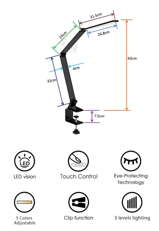 China Factory Aluminium 5 Grade Dimming with USD Charging port Light Study Lamps LED Desk Touch Control Table Lamp