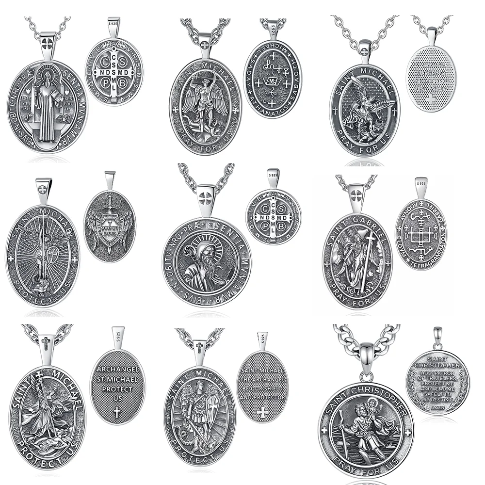 Changda S925 Sterling Silver St Christopher St Benedict Saint Jesus Medal Archangel St Michael Necklace for Men