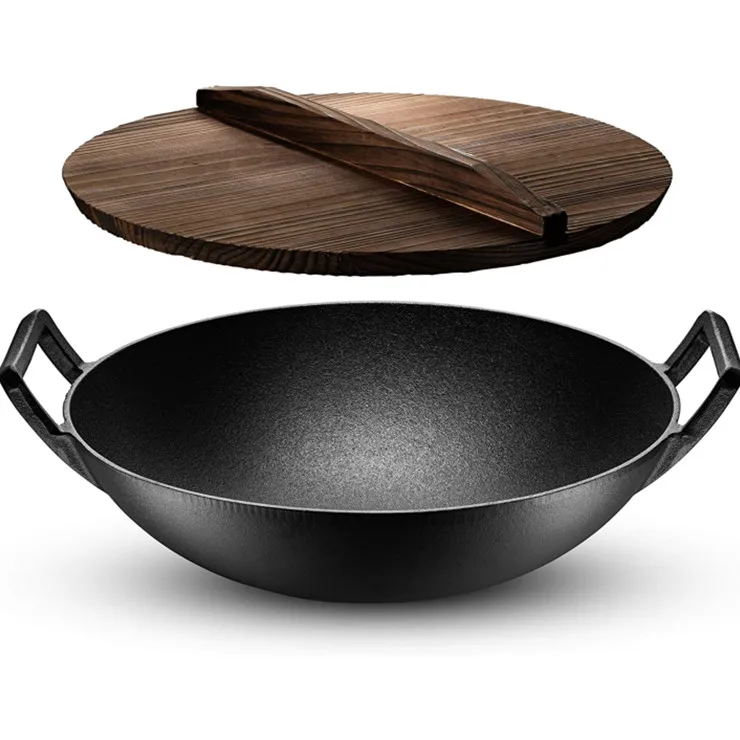 Traditional Chinese non stick Cast Iron Wok with double handle and wooden lid