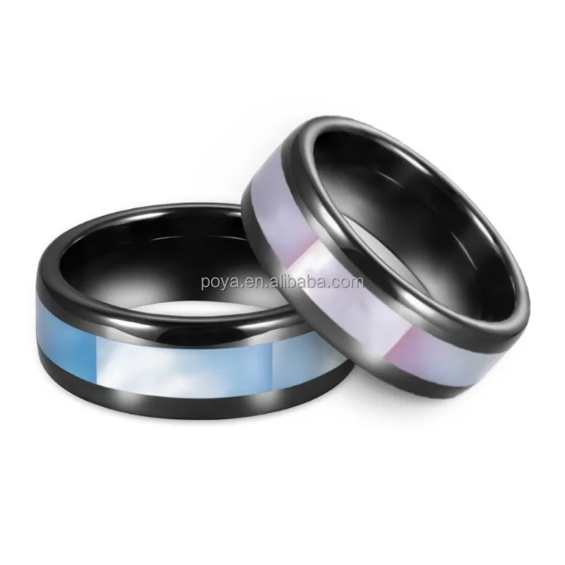 POYA 8mm Flat Black Ceramic Shell Inlay Ring Round Polished Edge Never Fade Jewelry Gift for Men