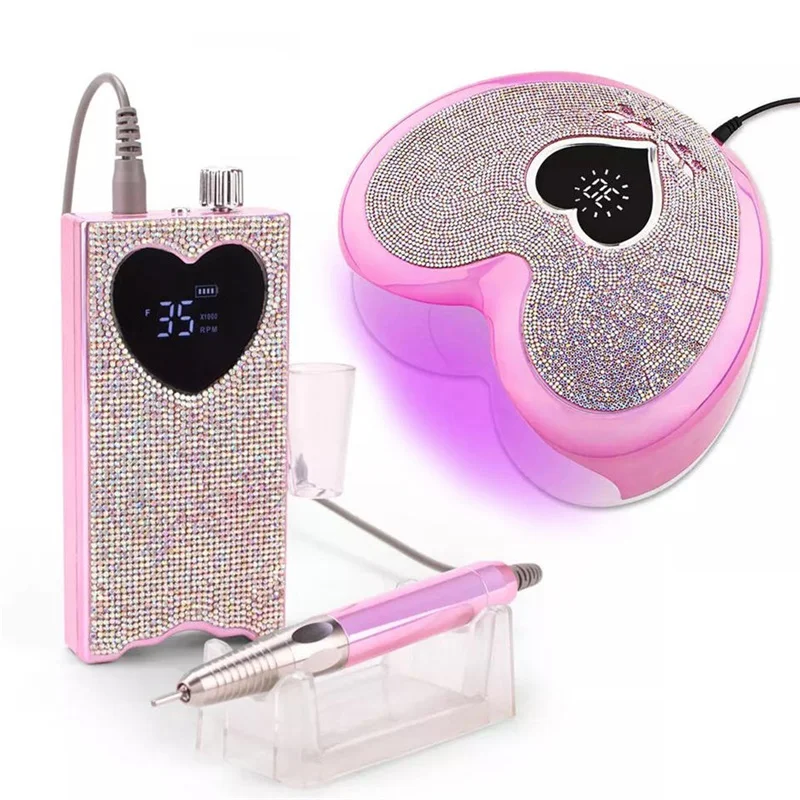 Professional Pink Heart Shape LED UV Nail Lamp Electric Nail Drill 35000 Rpm File Polish Machine Kit Set