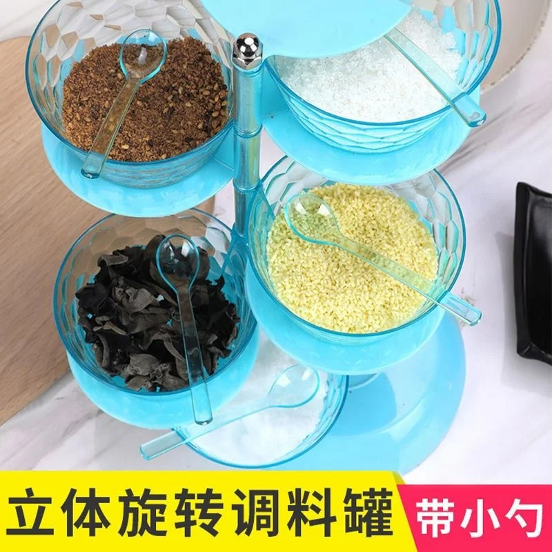 Hot Product Kitchen Accessories Seasoning Jar With Spoon 5 Layers Plastic Condiment Storage Jar Rotating Seasoning Box