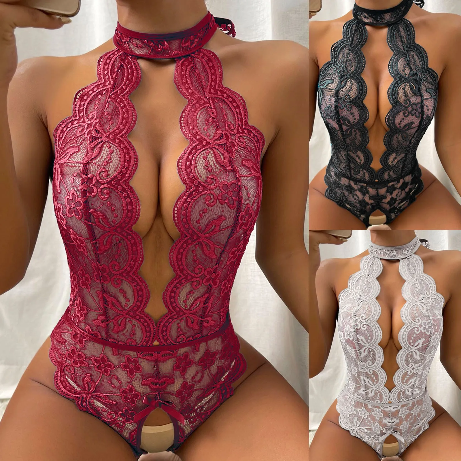 Wholesale women sexy sensual v neck lace lingerie bodysuit open file backless see through lace lingerie jumpsuit