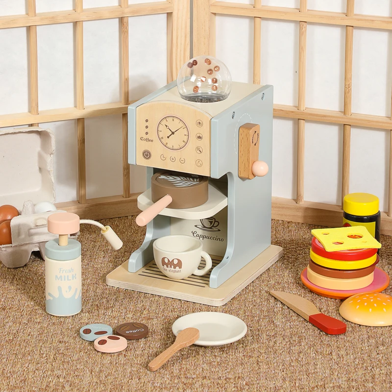2024 products wooden Blue simulation coffee machine toy montessori educational Pretend Kitchen Cooking Toys toys For children CE