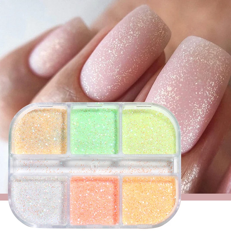 Wholesale custom logo New 6 Grid/Box Symphony Luminous Sugar Laser Irregular Neon Nail Glitter