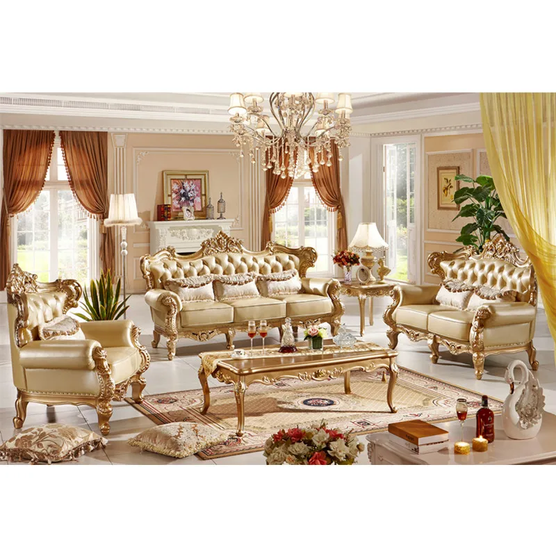 European furniture royal luxury solid wood antique living room home villa Genuine Leather sofa cama set