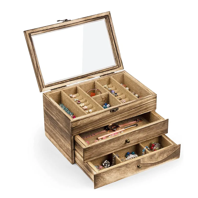 2 drawer jewelry storage box organizer display wooden jewelry box storage with glass cover