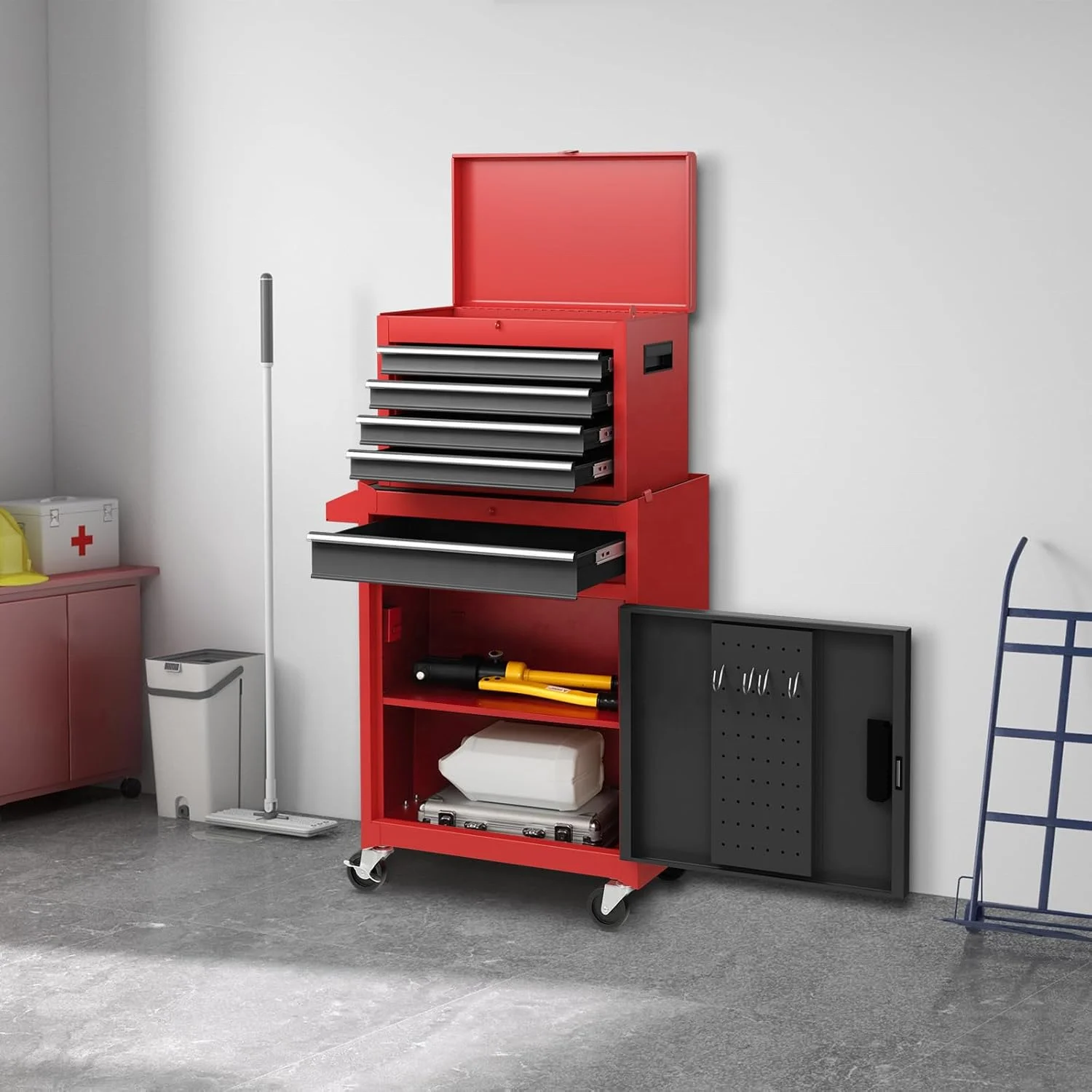PULAGE Customizable Rolling Tool Cabinet, 5-Drawer Mobile 2 in 1 Tool Box with Lock and Wheels, Ideal for Mechanics and DIYers