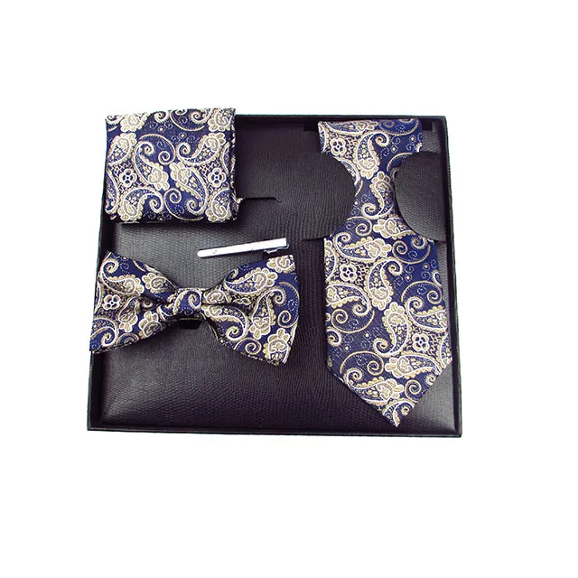 
2020 Factory Luxury Party Wedding Jacquard Woven Neck tie Set Men Bow Tie Bar Hanky 