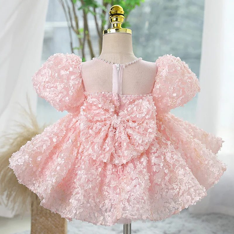 Boutique Fall Pink Beaded Puff Sleeve Flower Girls Wedding Dresses Frock Toddler Kids Pageant Party Gown Baby Casual Clothes