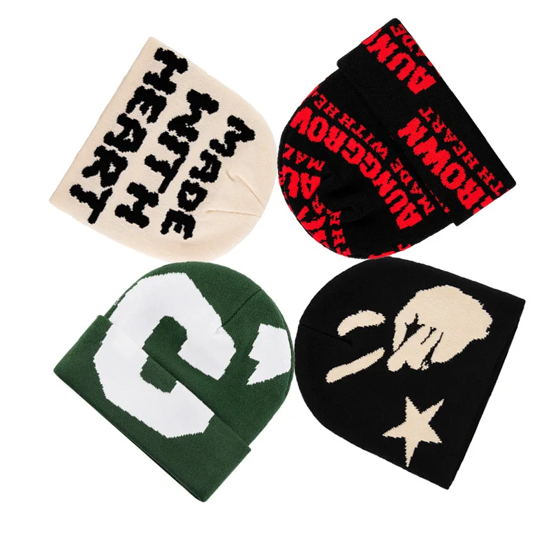 Warm customized beanies hats caps all over logo winter skull wholesale printed knitted jacquard beanie