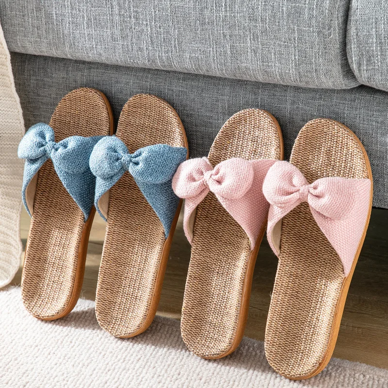 Bowknot Sandal Cotton Flax Summer Ladies Girls Slippers Brown Home Outdoor Non-Slip Cool Beach Holiday Slippers