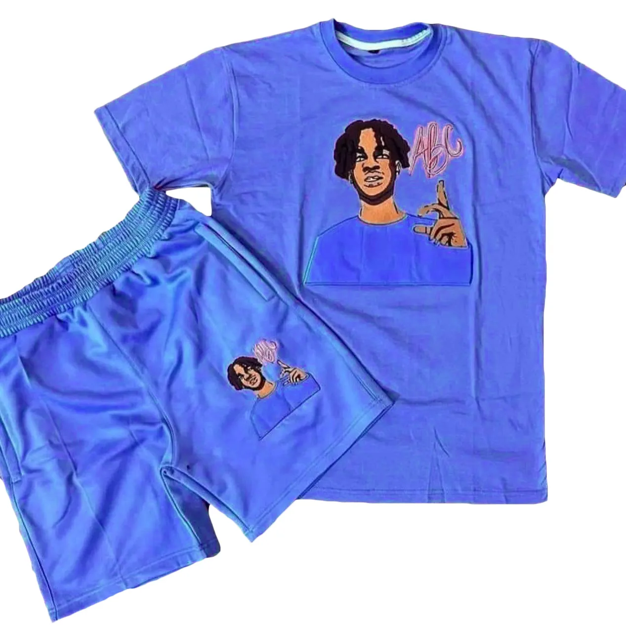 Sky Bule Summer Shorts Set Custom Logo Mens Shorts Set Summer 2 Piece Shorts Set Men Tracksuit