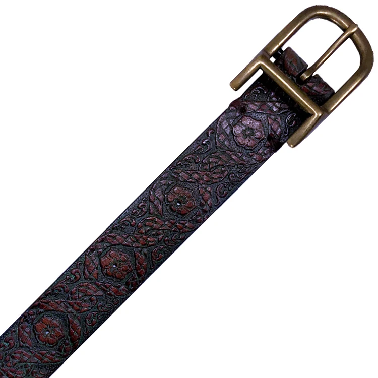 Custom Floral Hand Tooled Embossed Engraved Genuine Leather Belts With Alloy Pin Metal Buckle