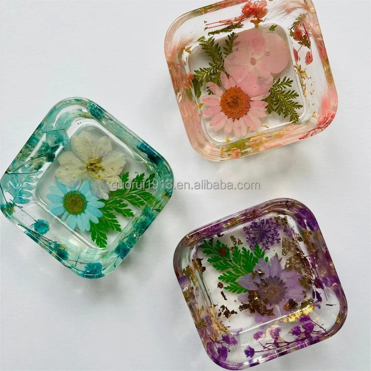 Real flower design clear square storage tray handmade nature style epoxy resin tray earrings necklace key storage tray