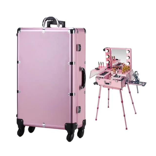 Aluminium trolley cosmetic case with lights mirror and stands, Makeup aritist hairdressing beauty trolley case