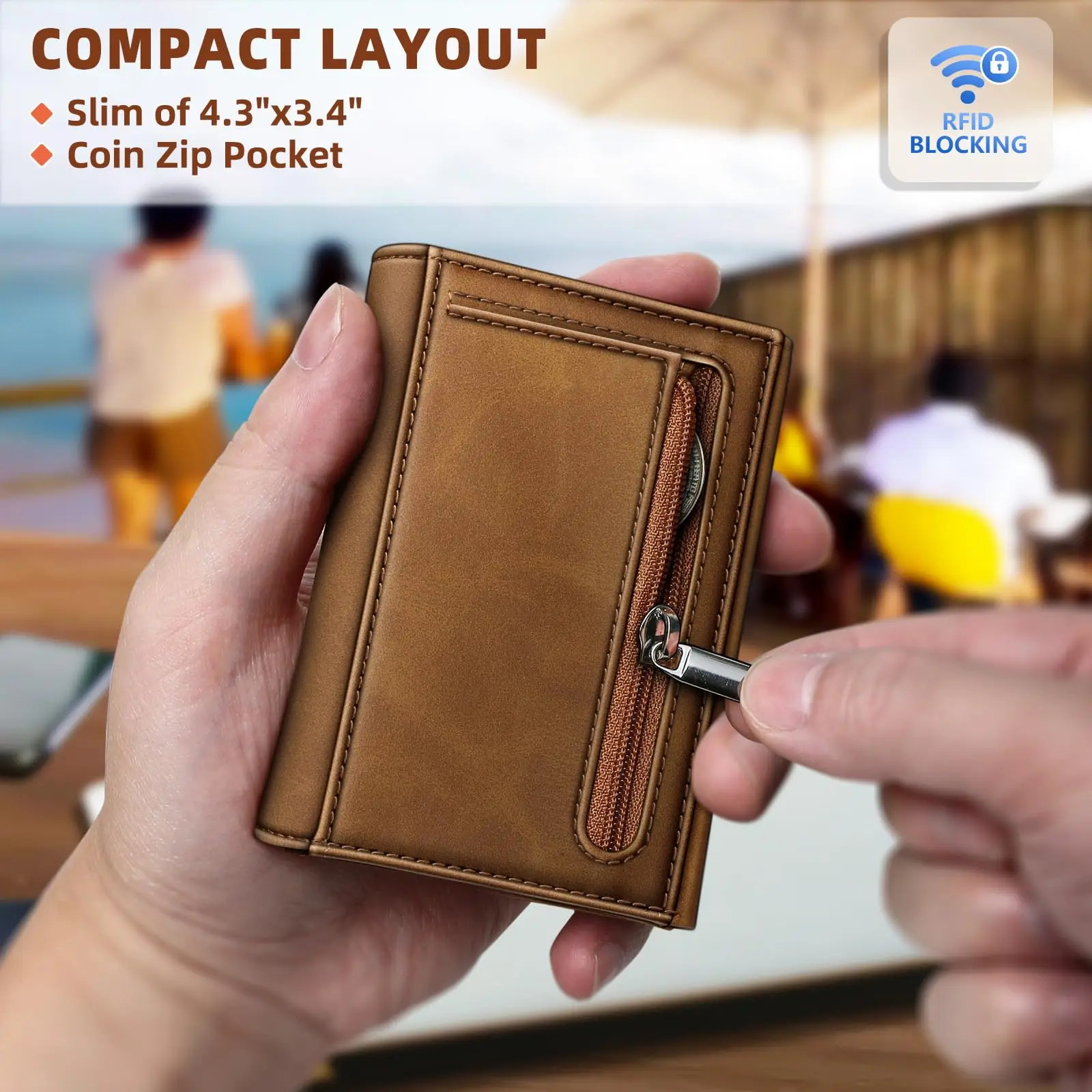 Factory Hot Sale Genuine Leather Credit Card Holder Purse With Zippet Coin Pocket RFID Blocking Slim Tri-fold Wallet For Man