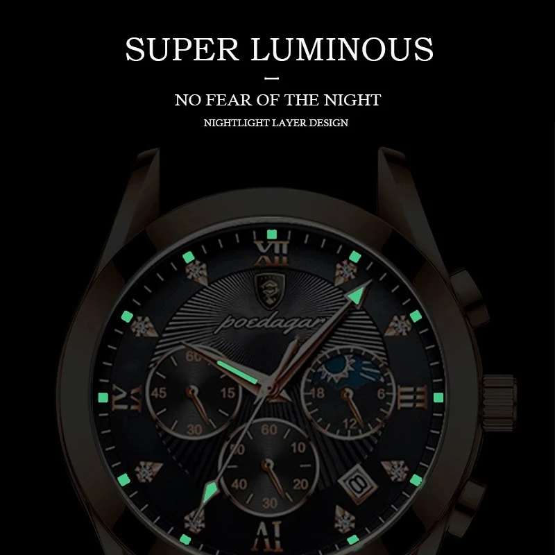 POEDAGAR Men Watches Luxury Minimalist Calendar Stainless Steel Waterproof Luminous Date Week Sport Wrist Watches Quartz Watches