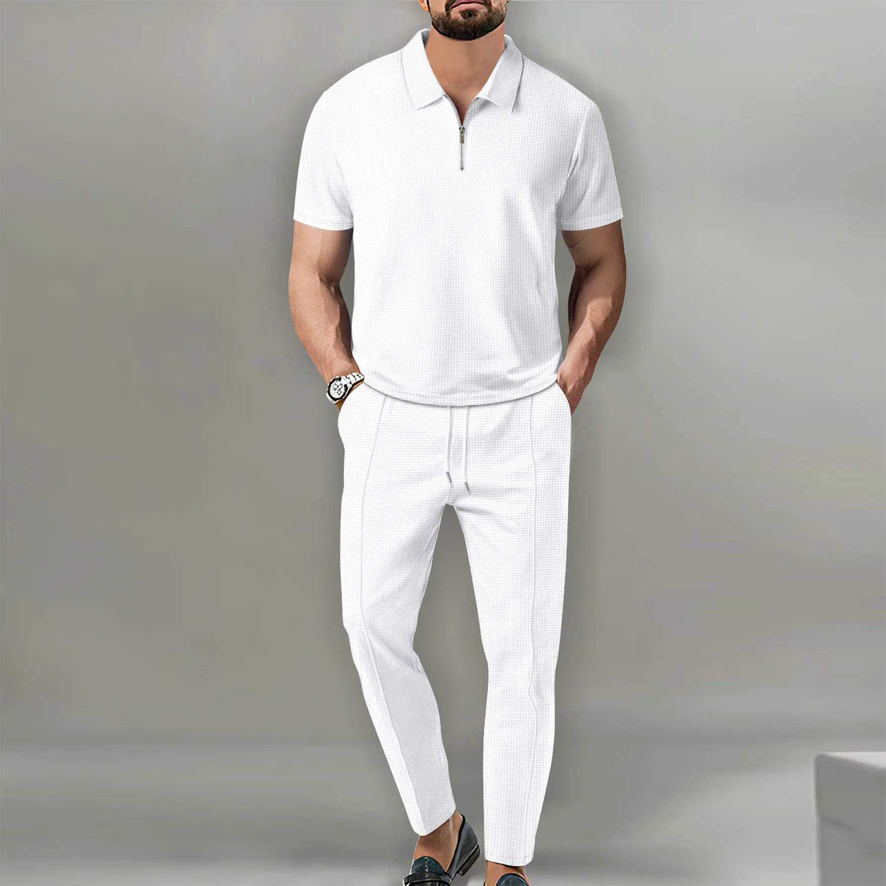 Designer Fashion Stylish Luxury 2 Piece Set for Men Waffle Polo Zipper Tshirt and Pants Two Piece Suit