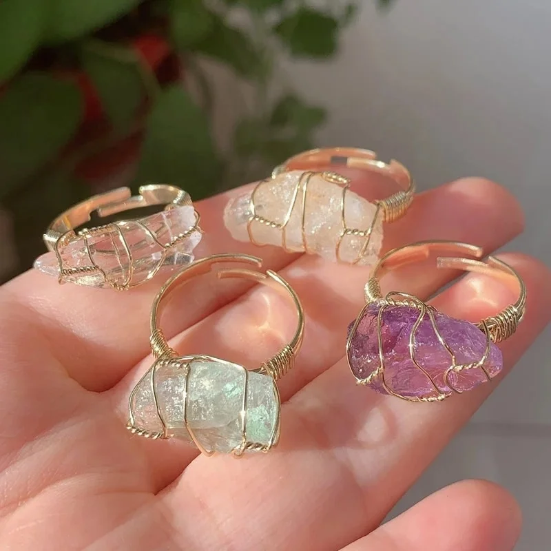 Fashion Wire Wrap Natural Rock Mineral Quartz Stone Women Rings Resizable Healing Amethysts Fluorite Purple Crystal Finger Ring