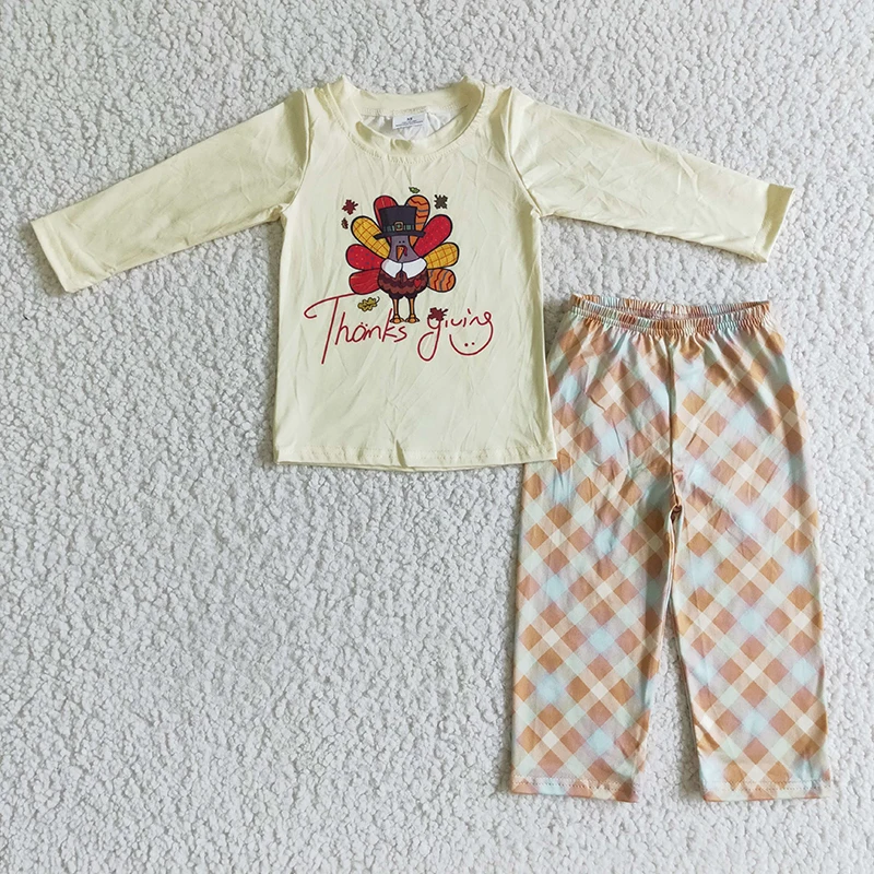 Infant Yellow Long Sleeve Shirt Pajamas Set Plaid Pants Toddler Children New Outfit Thanksgiving Baby Boy turkey Kid Clothes