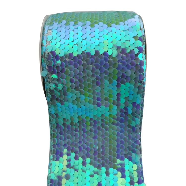 
75mm Hair Accessories Blue Color Sequin Reversible Ribbon For Decoration 